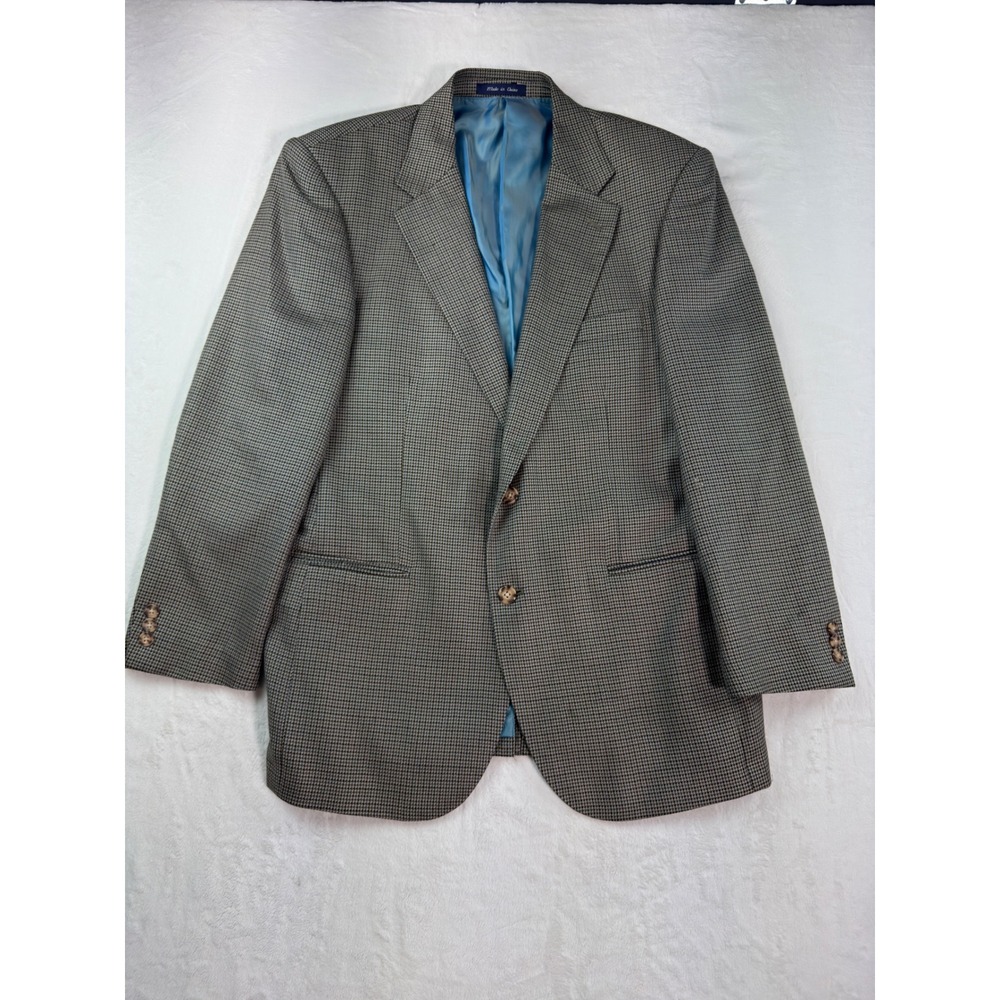 Alan Flusser Mens Silk Worsted Wool Houndstooth Sport Coat Blazer Brown Blue 42R